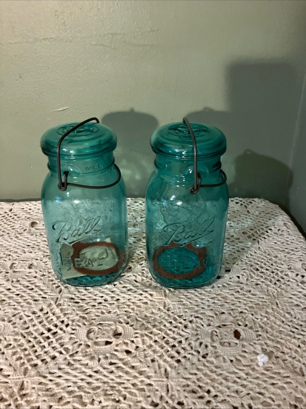 Ball Ideal Bicentennial Mason Jars Aqua Blue Glass Lid Quart 1776-1976 Set of 2